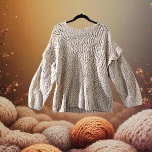 Women's Beige Knit Sweater with Ruffle Detail